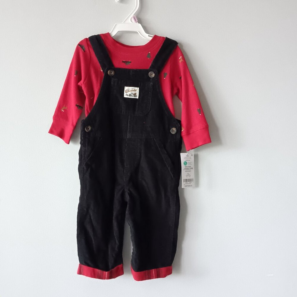 Carter's Christmas Corduroy Overalls Waffle Knit Shirt Trees Red Black 9 months